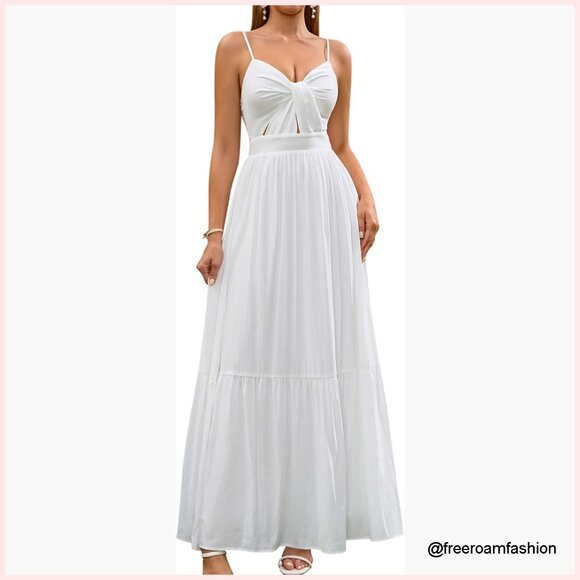 Dresses & Skirts - Women's Summer Maxi Dress V-Neck Cutout Smocked Back Flowy A-Line